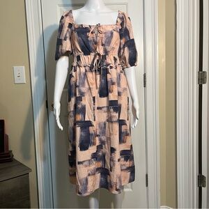 Universal Thread Cotton Puff Sleeve MIDI  Dress w/ Pockets Peachy Pink and Navy